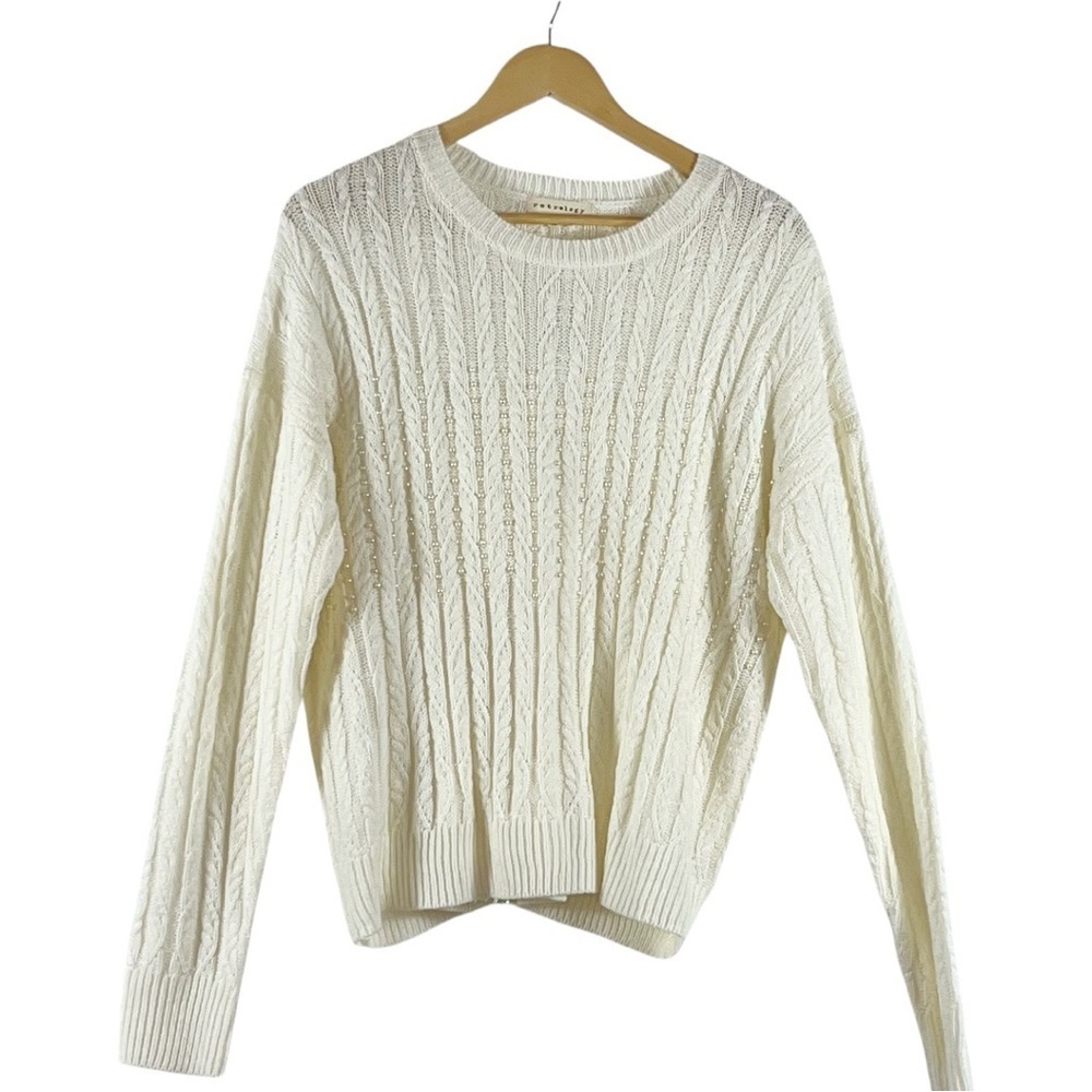 Retrology  cream cable- knit crew neck sweater with pearl embellishments.